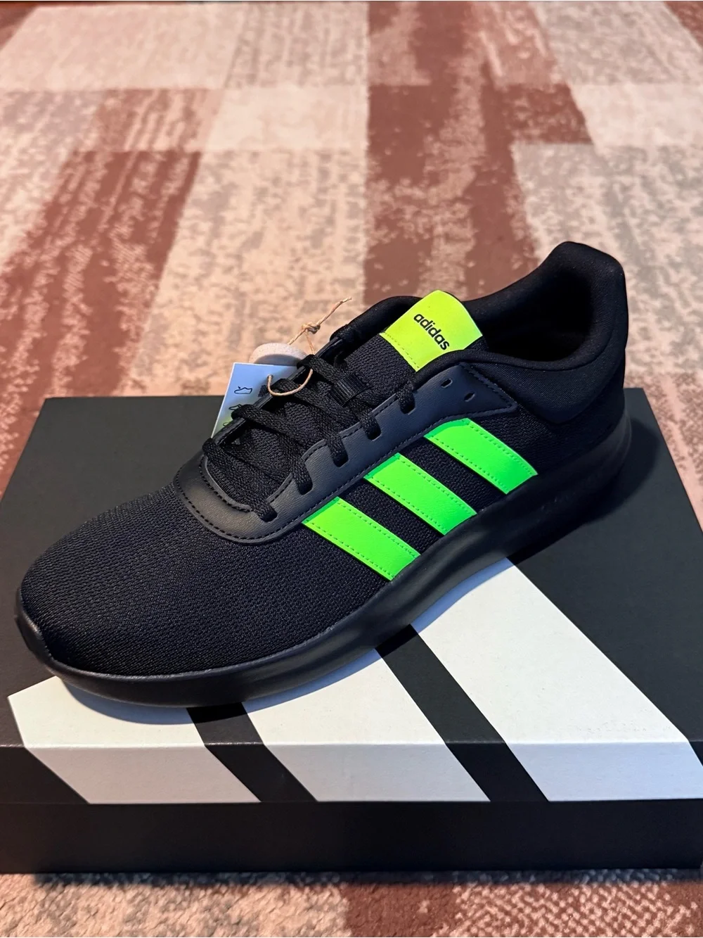 adidas Men's Lite Racer 4.0 Black Running Shoes with Neon Green Stripes